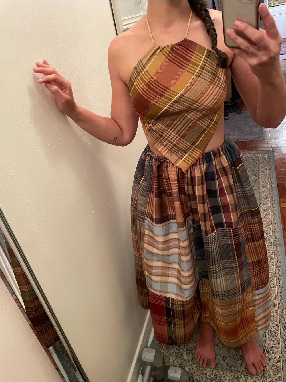 Upcycled Kravet Fabric Sample Plaid Halter Midi Skirt Set in Warm Tones - Picture 3 of 4